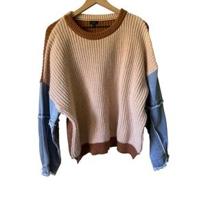 Debut Mixed Media Denim Sleeve Sweater Womens M/L‎ Tan Brown Colorblock